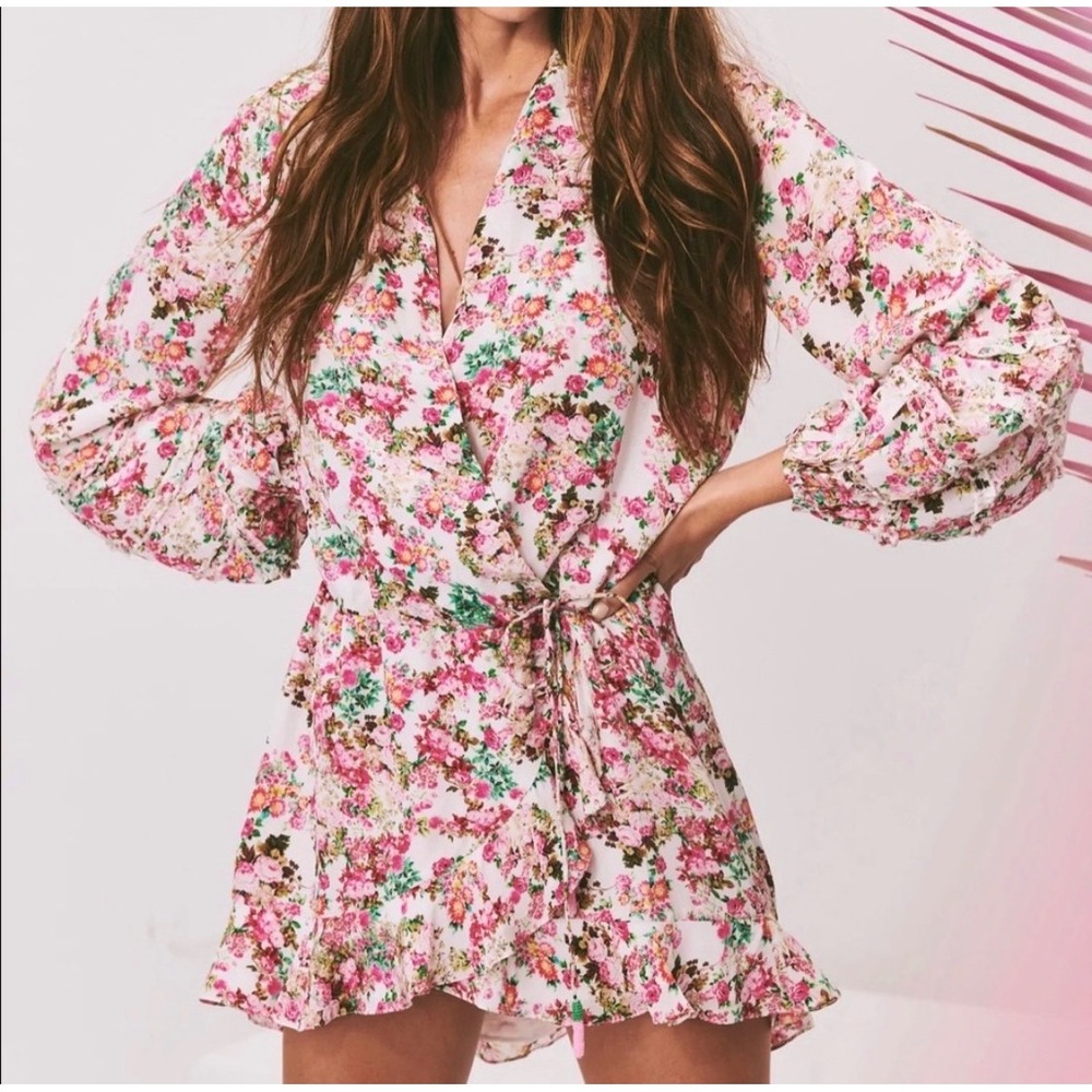 Rococo Sand Mini Dress Women L Pink Floral Boho Ruffle Tiered RS-VIE-1044A